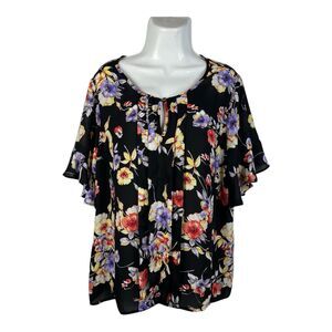 Liz Claiborne Top Women's XL Black Floral Ruffle Short Sleeve Blouse Career